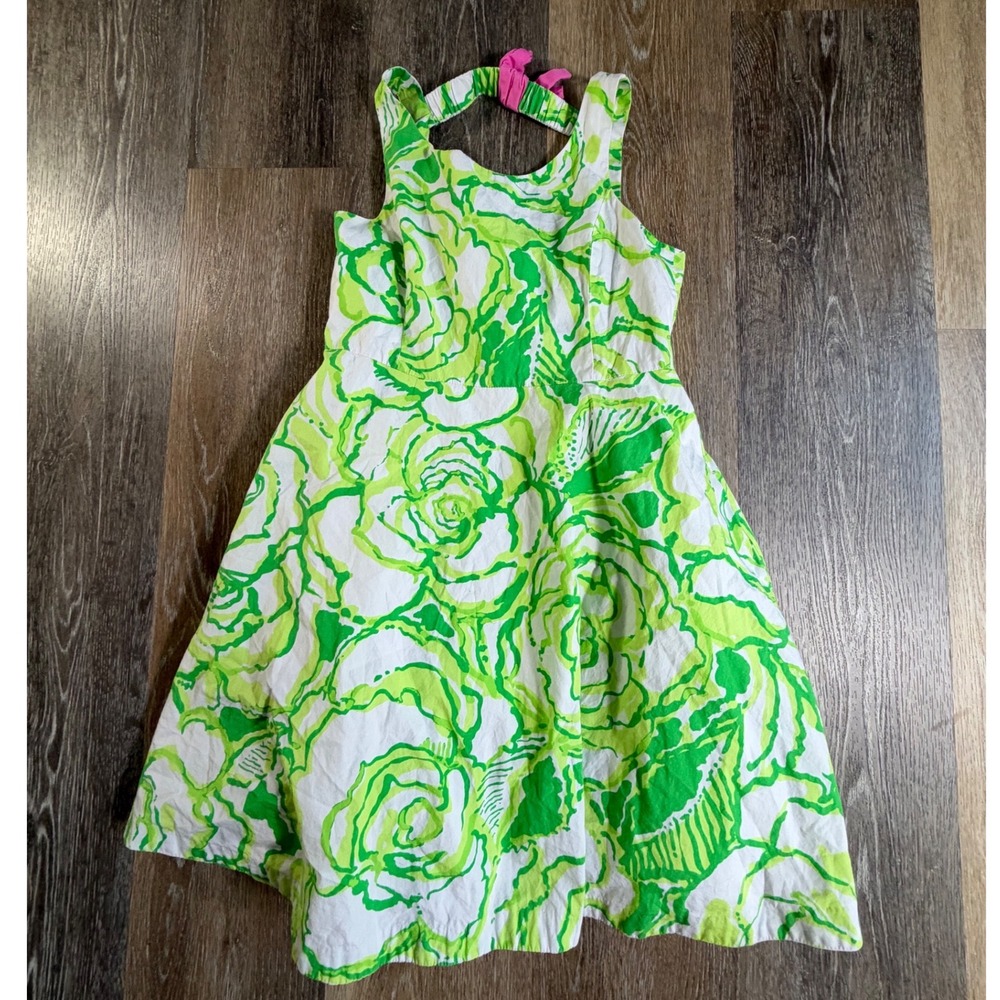 Lilly Pulitzer Dress Girls Size 14 Green White Floral Bow Back Sleeveless Halter